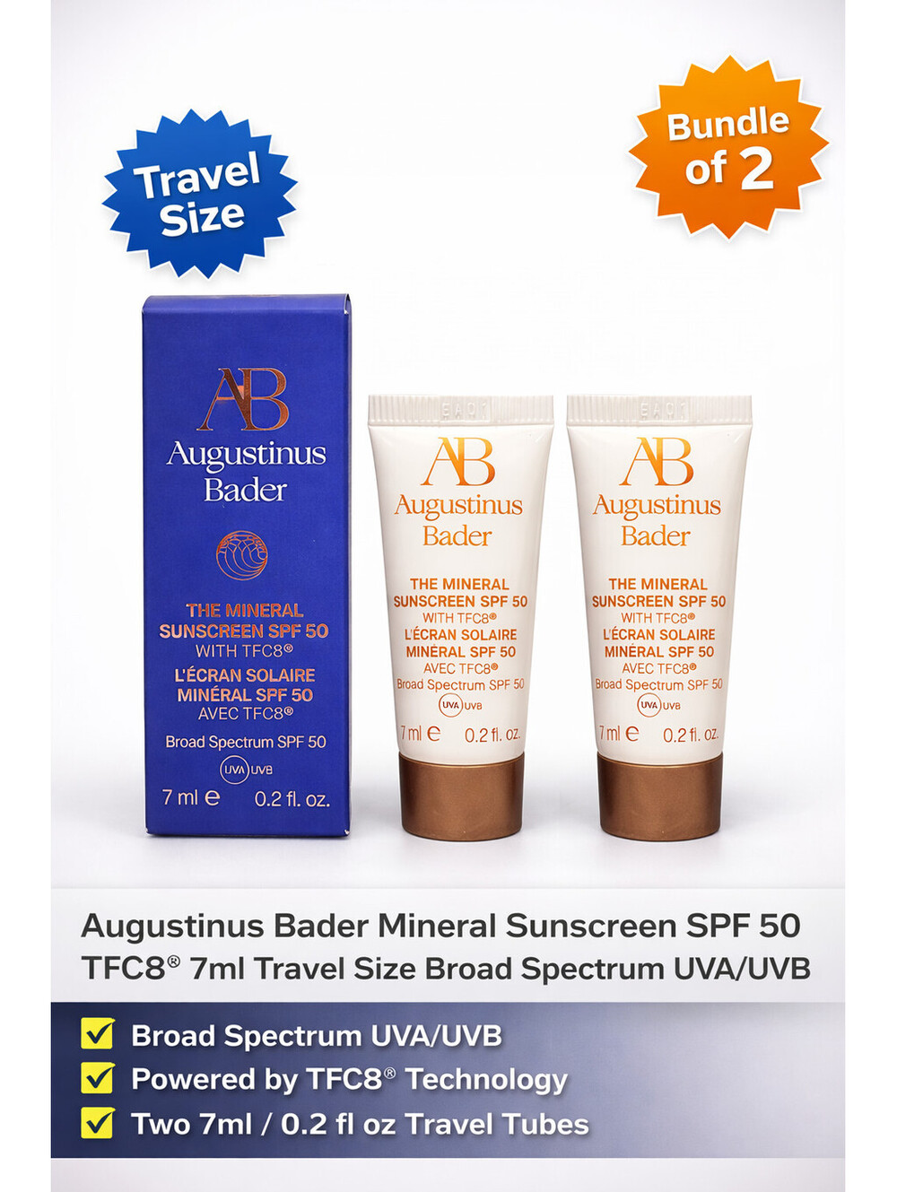 2x Augustinus Bader Mineral Sunscreen SPF 50 TFC8 7ml Travel Size Broad Spectrum